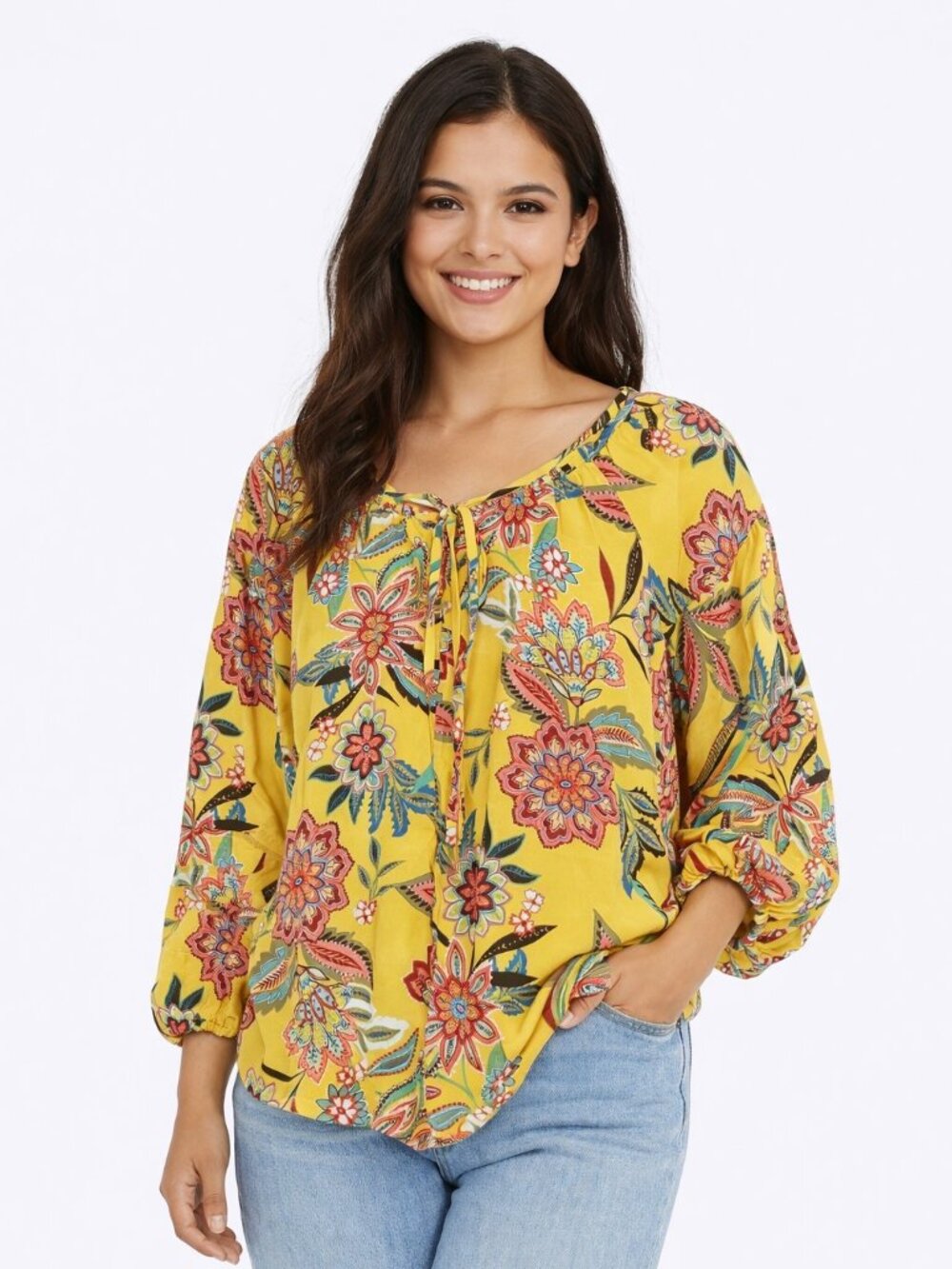 Johnny Was Anka Boho Peasant Top Floral Yellow Silk Size XS/S